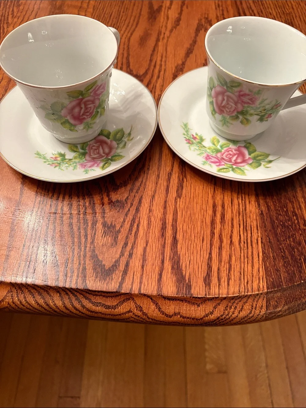 Floral Rose Tea Cups with Saucers - Pink and Green
